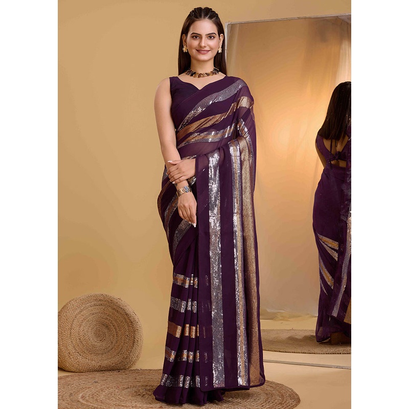 Wine Georgette Saree With Blouse Piece - JD986579764
