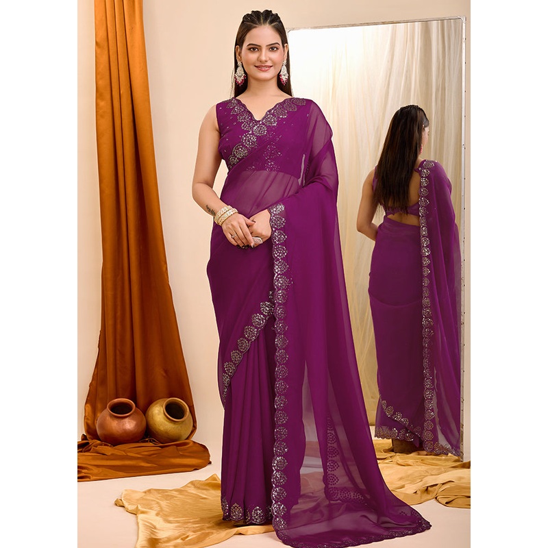 Wine Organza Saree With Blouse Piece - JD986579762