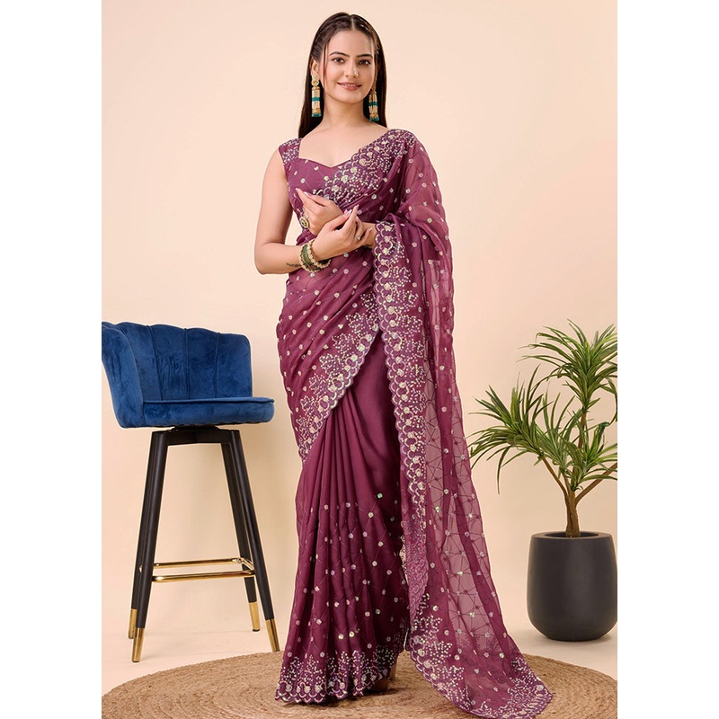 Wine Organza Saree With Blouse Piece - JD986579763