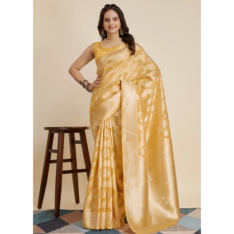 Yellow Dupion Silk Saree With Blouse Piece - JD986579758