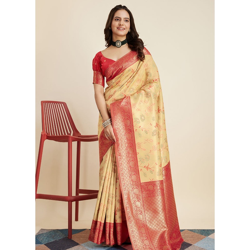 Yellow Dupion Silk Saree With Blouse Piece - JD986579760
