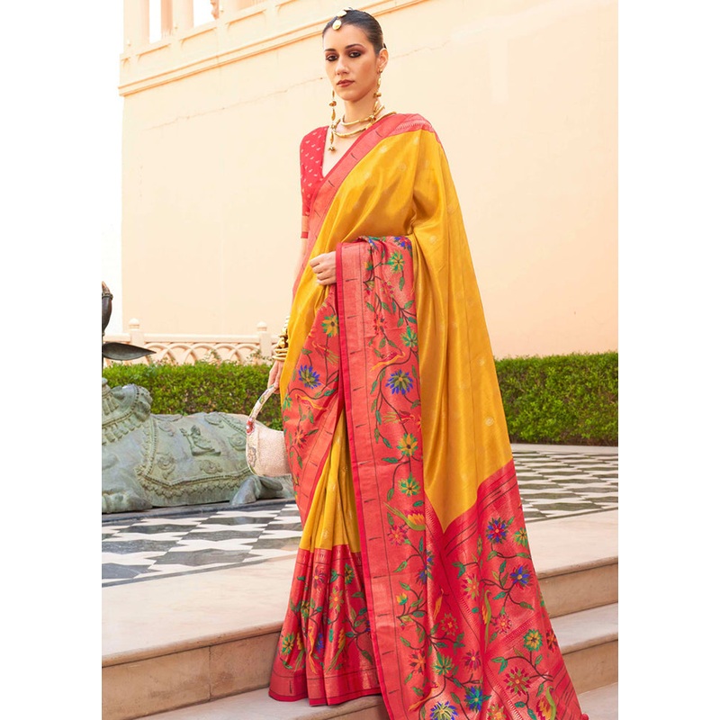 Yellow Dupion Silk Saree With Blouse Piece - JD986579943