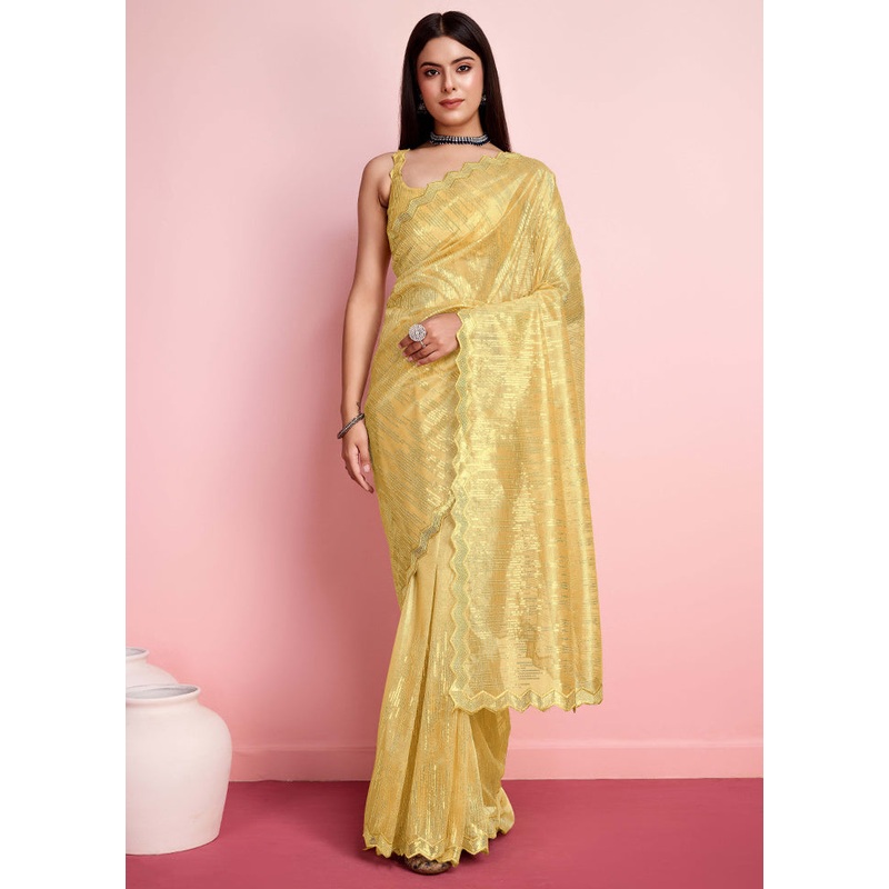 Yellow Net Net Saree With Blouse Piece - JD986579880