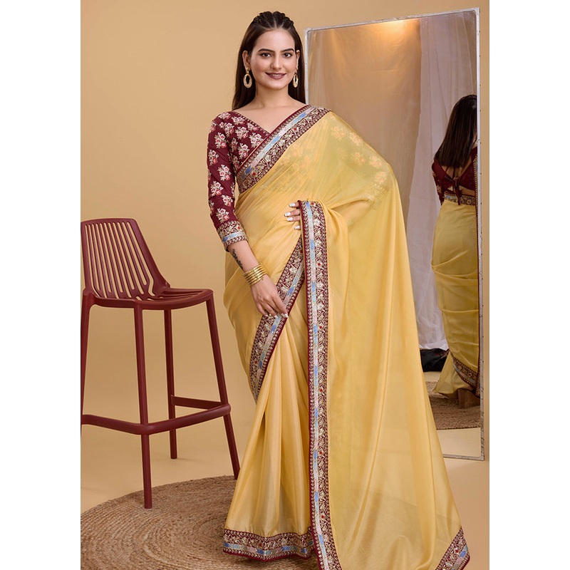 Yellow Organza Saree With Blouse Piece - JD986579755