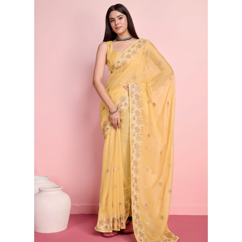 Yellow Organza Saree With Blouse Piece - JD986579879