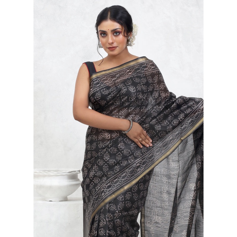 Black Cotton Saree With Blouse Piece - JD986579591