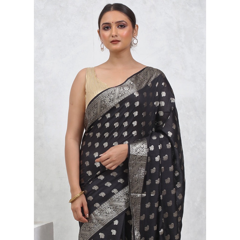 Black Cotton Saree With Blouse Piece - JD986579592
