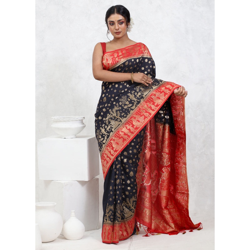 Black Dupion Silk Saree With Blouse Piece - JD986579590