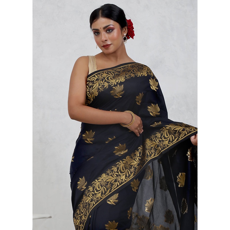 Black Dupion Silk Saree With Blouse Piece - JD986579672