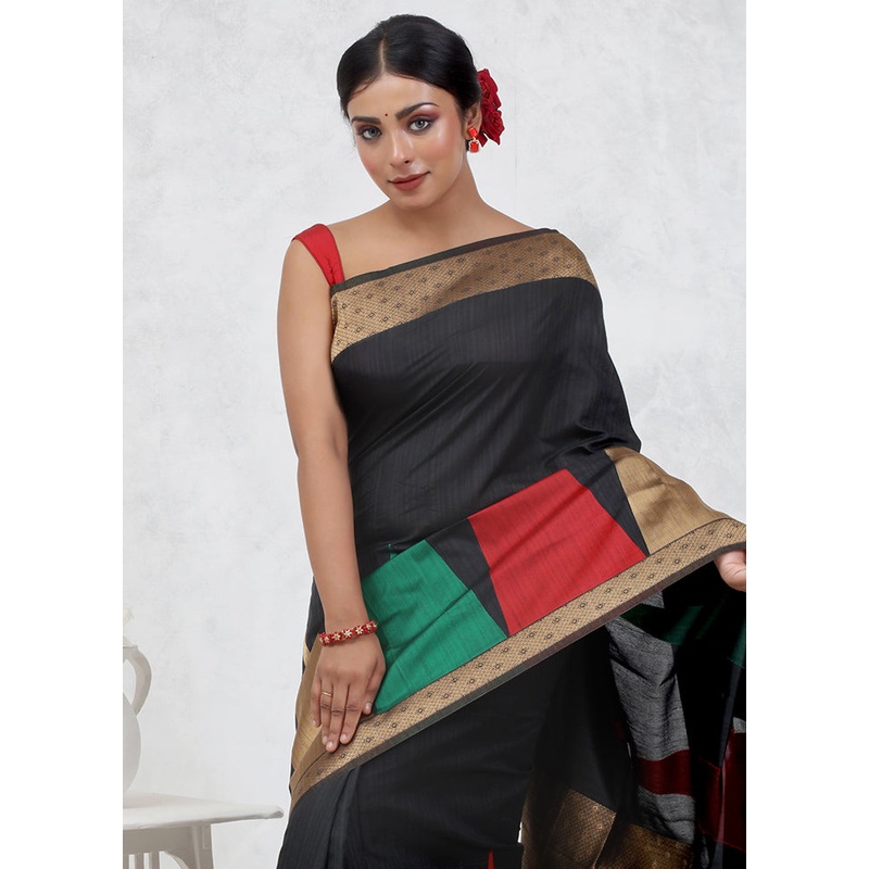 Black Dupion Silk Saree With Blouse Piece - JD986579700