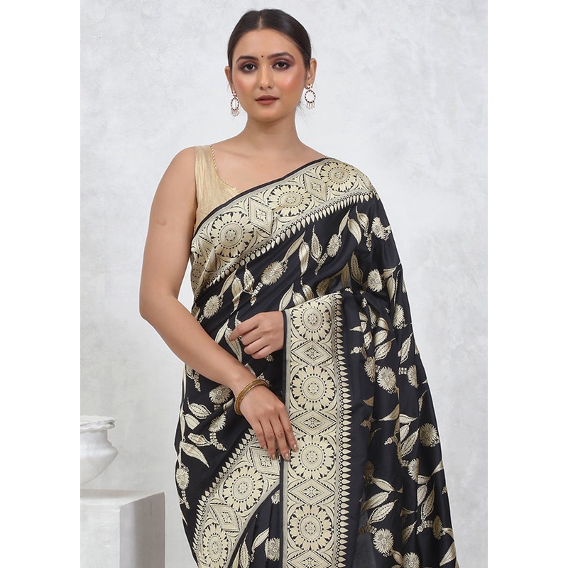 Black Katan Pure Silk Saree With Blouse Piece - JD986579588