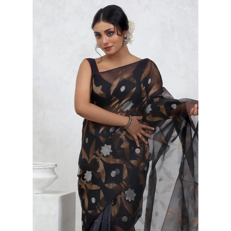 Black Matka Pure Silk Saree With Blouse Piece - JD986579586