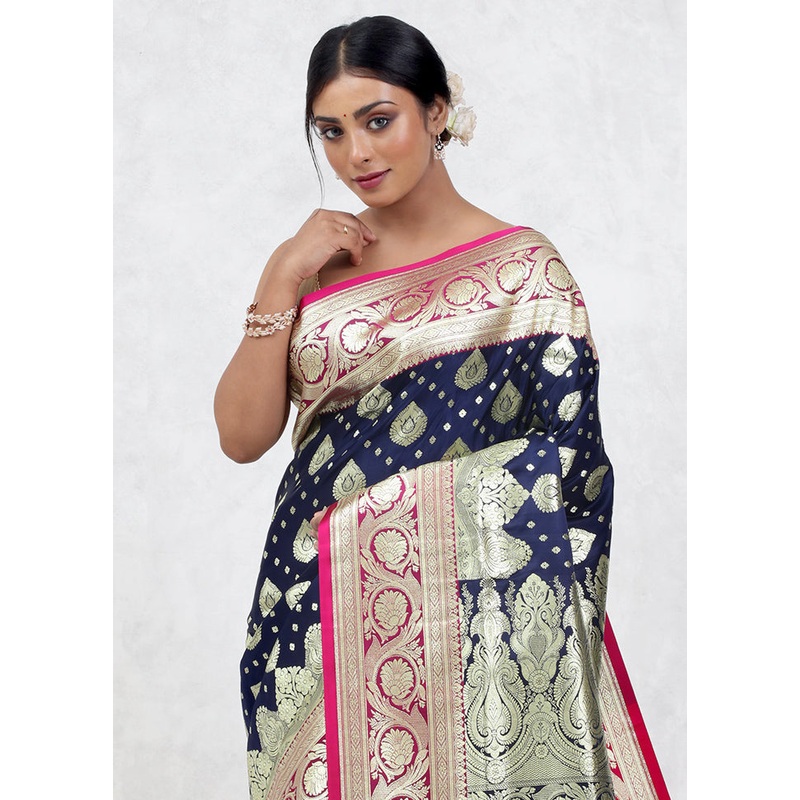 Blue Banarasi Silk Saree With Blouse Piece - JD986579649