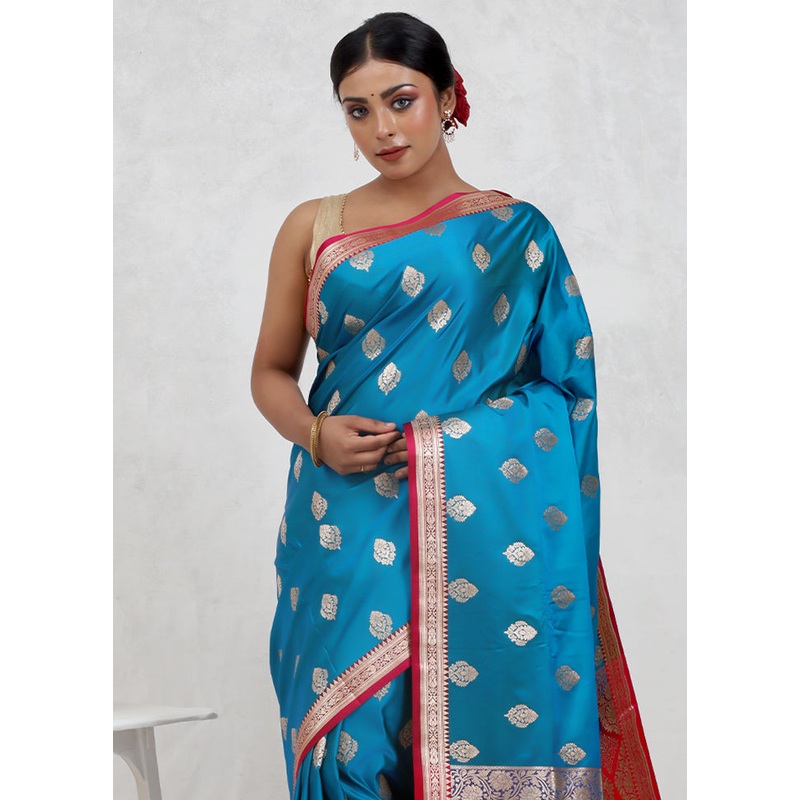 Blue Banarasi Silk Saree With Blouse Piece - JD986579699