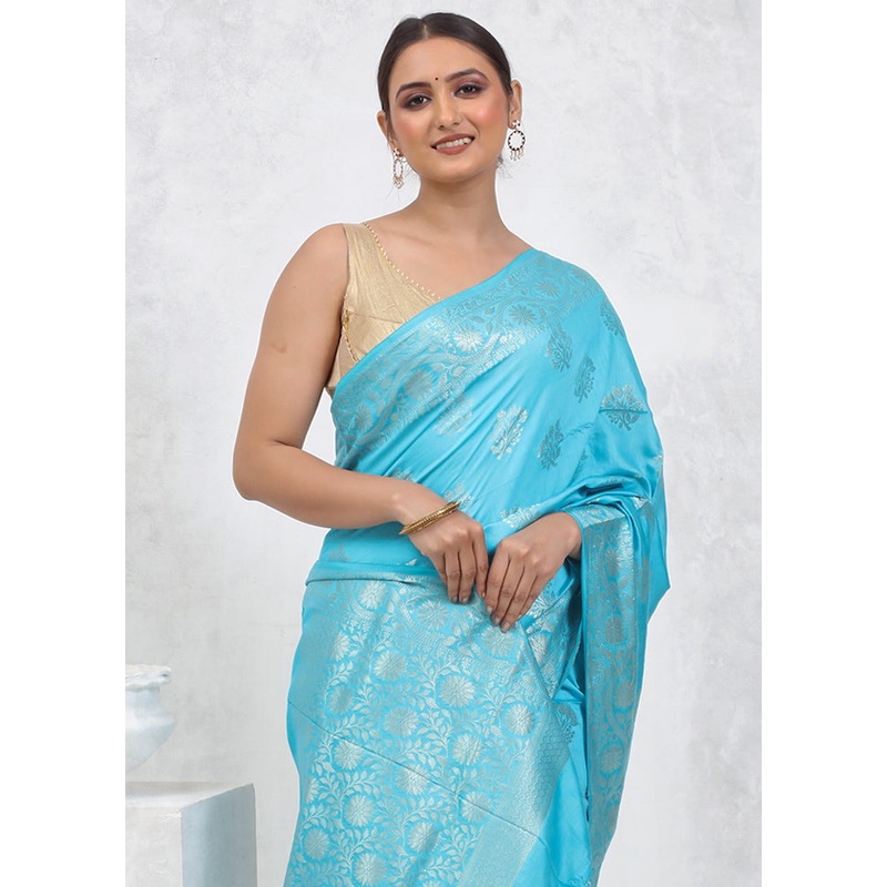 Blue Cotton Saree With Blouse Piece - JD986579585