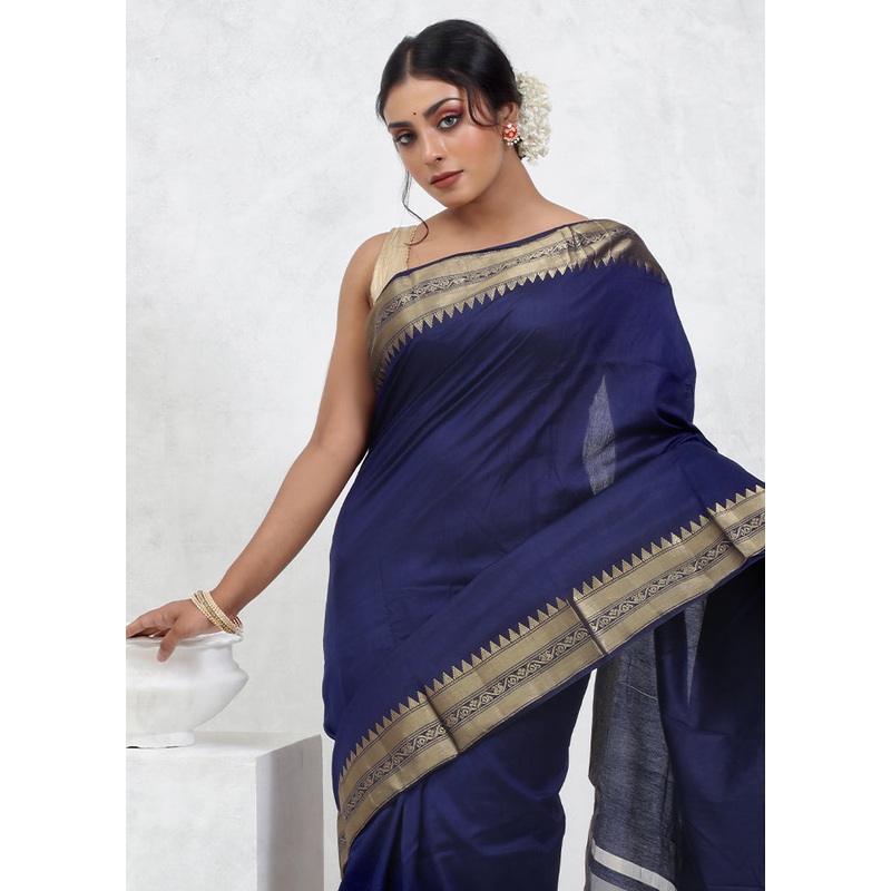 Blue Dupion Silk Saree With Blouse Piece - JD986579584