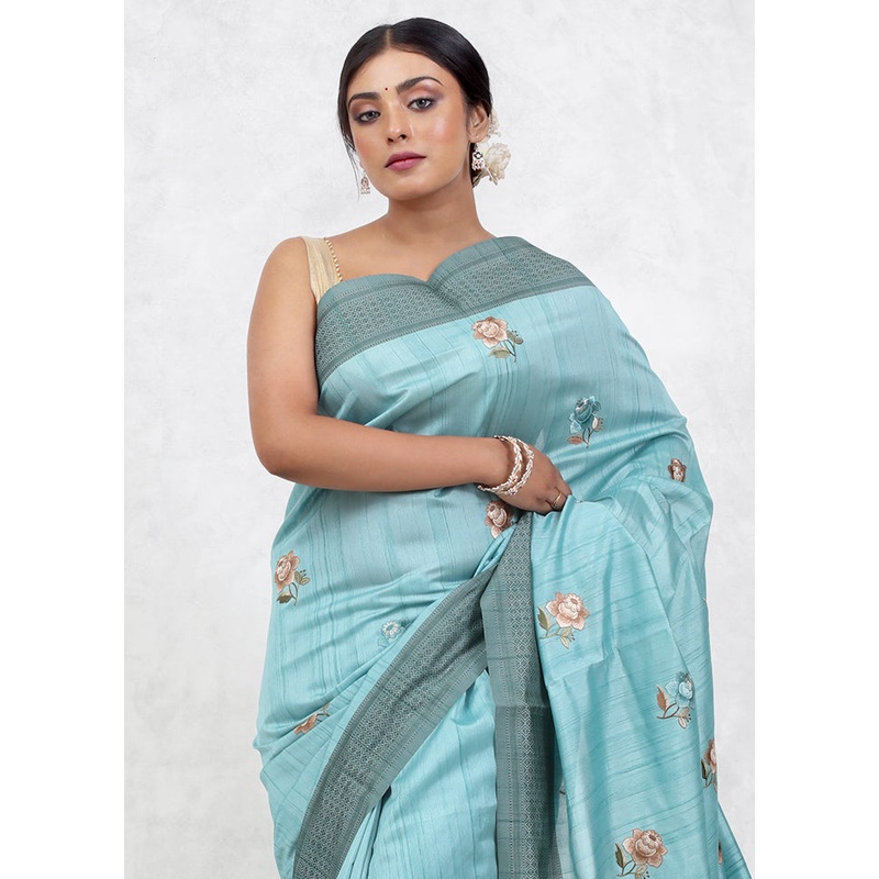 Blue Dupion Silk Saree With Blouse Piece - JD986579638