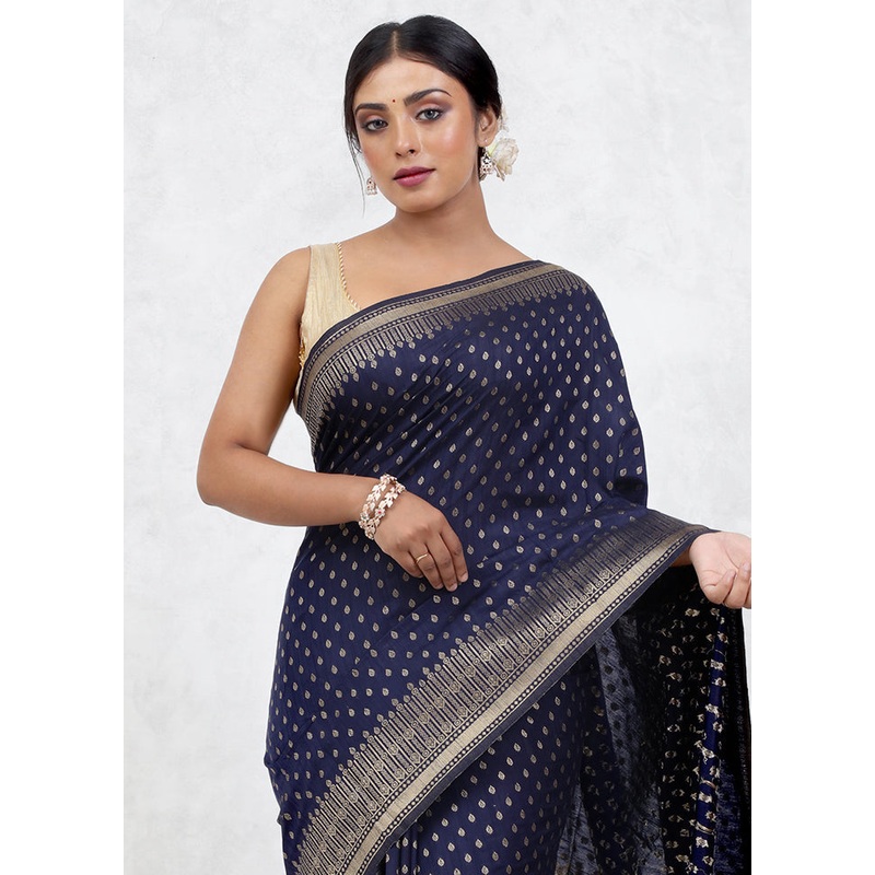 Blue Dupion Silk Saree With Blouse Piece - JD986579647