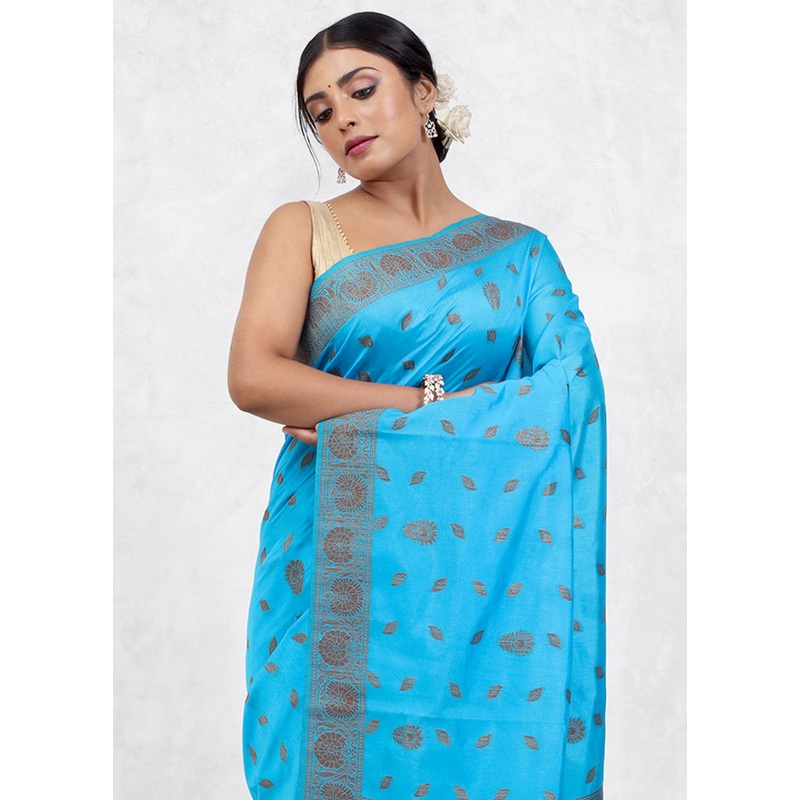 Blue Dupion Silk Saree With Blouse Piece - JD986579648