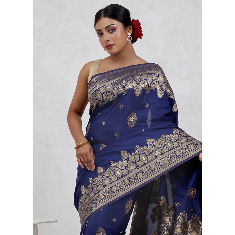 Blue Dupion Silk Saree With Blouse Piece - JD986579694