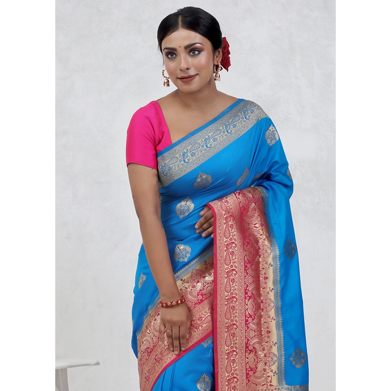 Blue Dupion Silk Saree With Blouse Piece - JD986579695