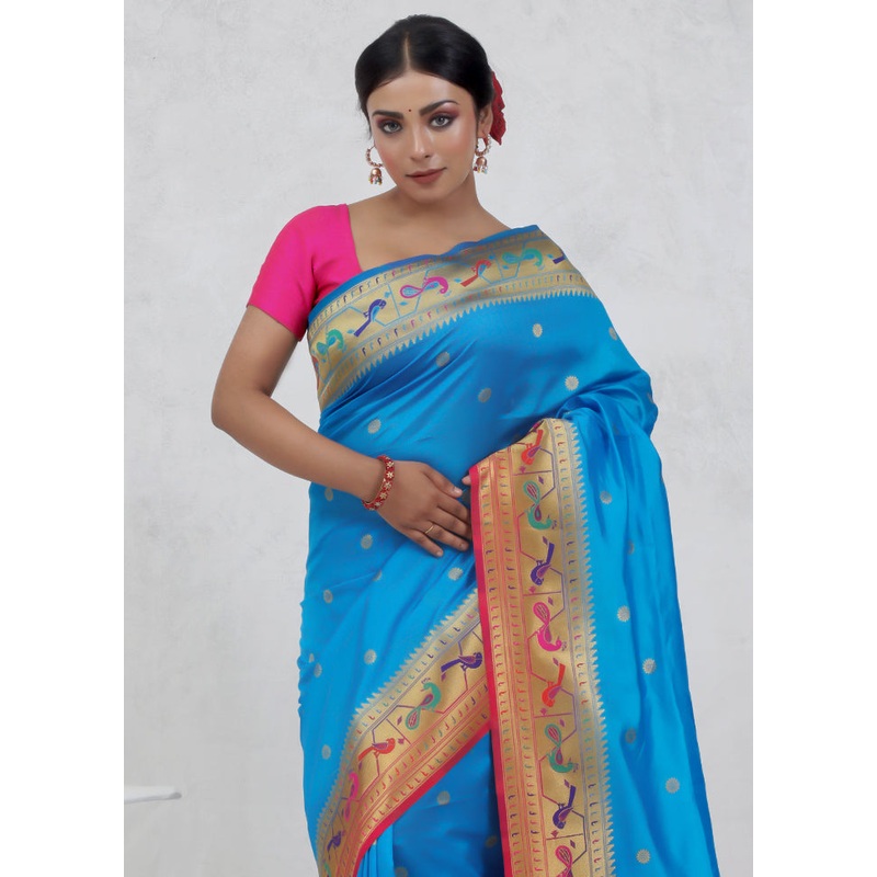 Blue Dupion Silk Saree With Blouse Piece - JD986579696