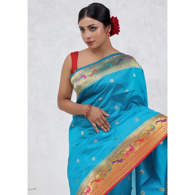 Blue Dupion Silk Saree With Blouse Piece - JD986579697