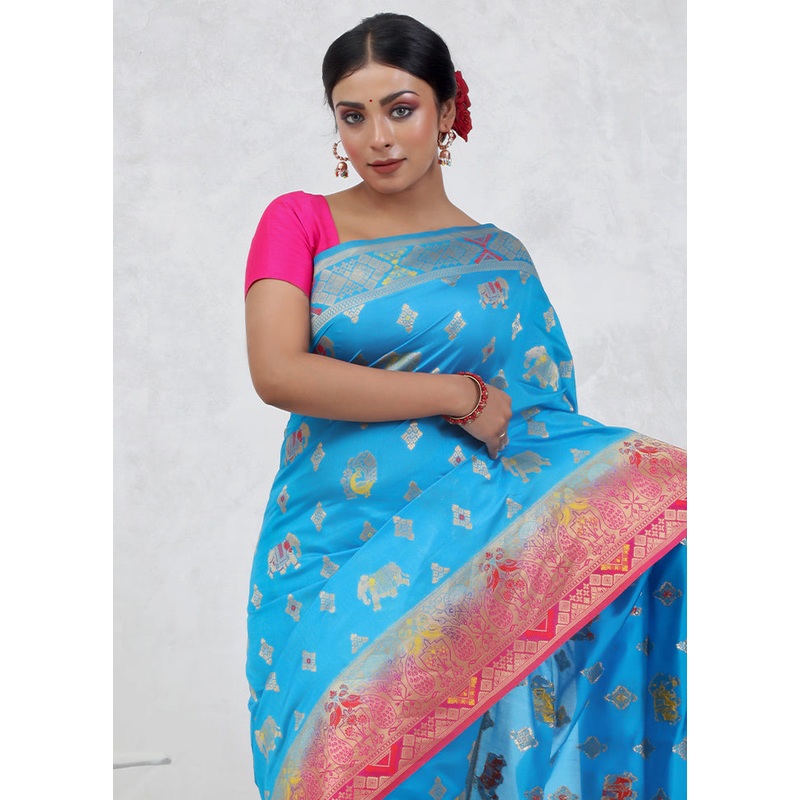 Blue Dupion Silk Saree With Blouse Piece - JD986579698
