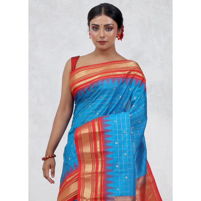 Blue Gadwal Pure Silk Saree Without Blouse Piece - JD986579693