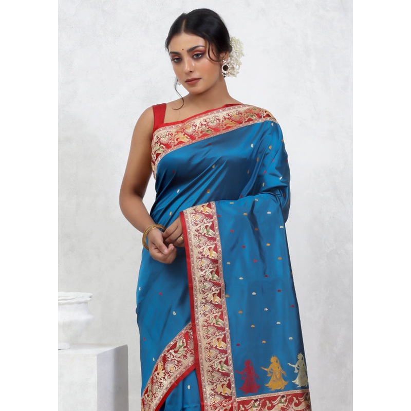Blue Katan Pure Silk Saree With Blouse Piece - JD986579579