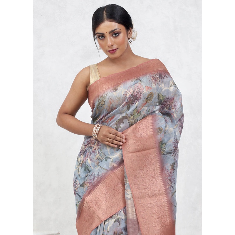 Blue Organza Saree With Blouse Piece - JD986579643
