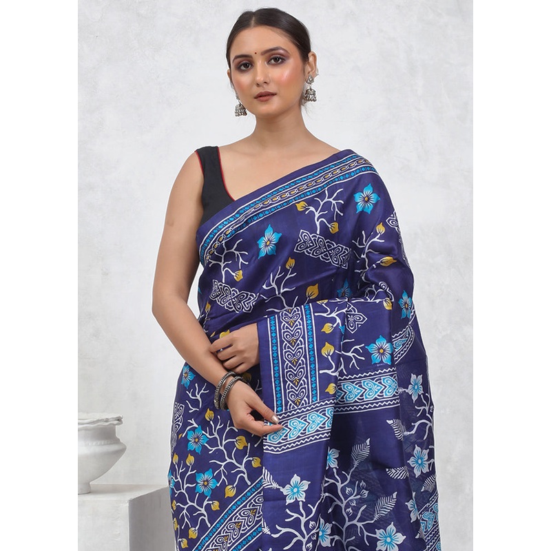 Blue Printed Pure Silk Saree Without Blouse Piece - JD986579576