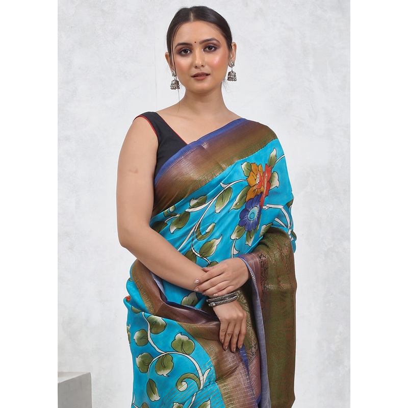 Blue Tussar Silk Saree With Blouse Piece - JD986579574