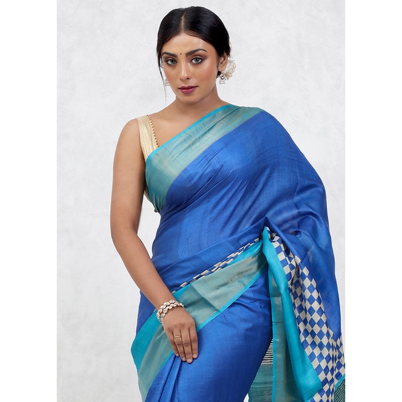 Blue Tussar Silk Saree With Blouse Piece - JD986579642