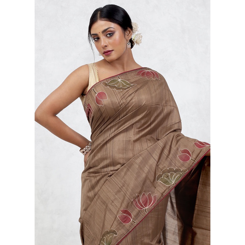 Brown Dupion Silk Saree With Blouse Piece - JD986579641