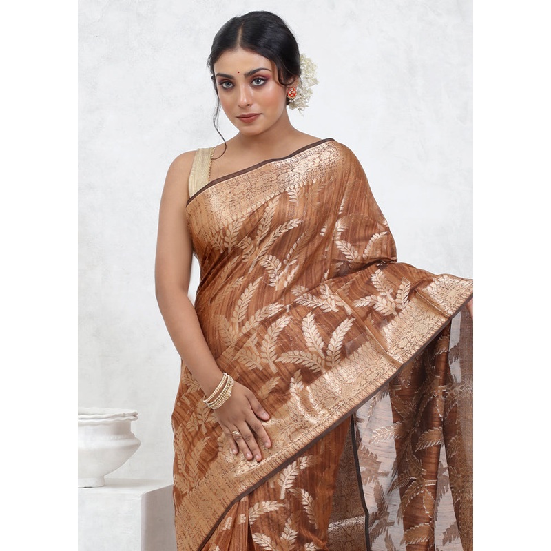 Brown Kora Silk Saree With Blouse Piece - JD986579573