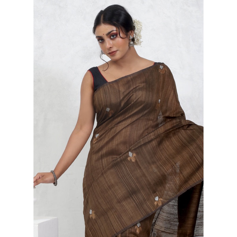 Brown Matka Pure Silk Saree With Blouse Piece - JD986579571