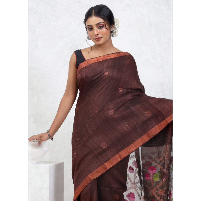 Brown Matka Pure Silk Saree With Blouse Piece - JD986579572
