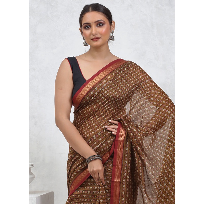 Brown Printed Pure Silk Saree Without Blouse Piece - JD986579569