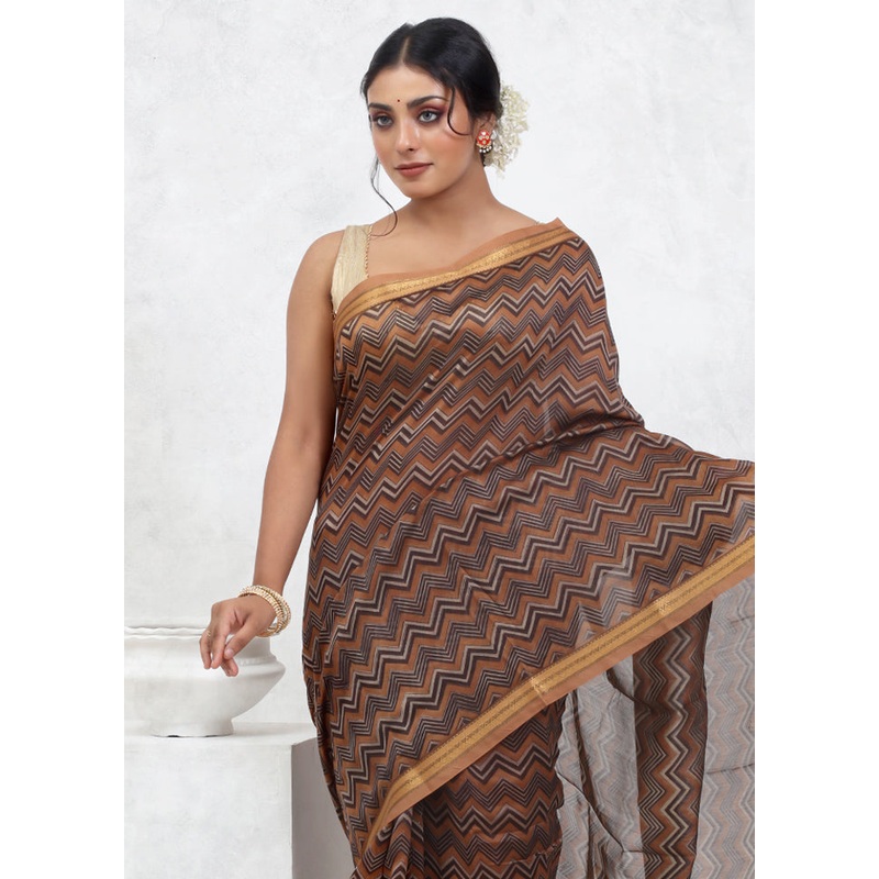 Brown Printed Pure Silk Saree Without Blouse Piece - JD986579570