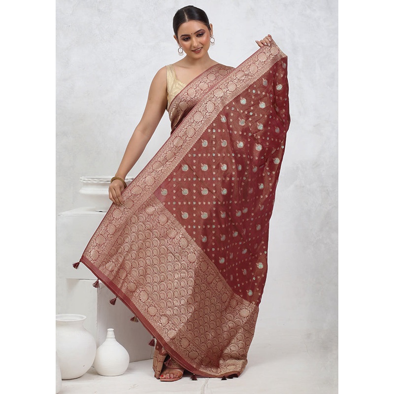 Brown Tissue Silk Saree With Blouse Piece - JD986579568