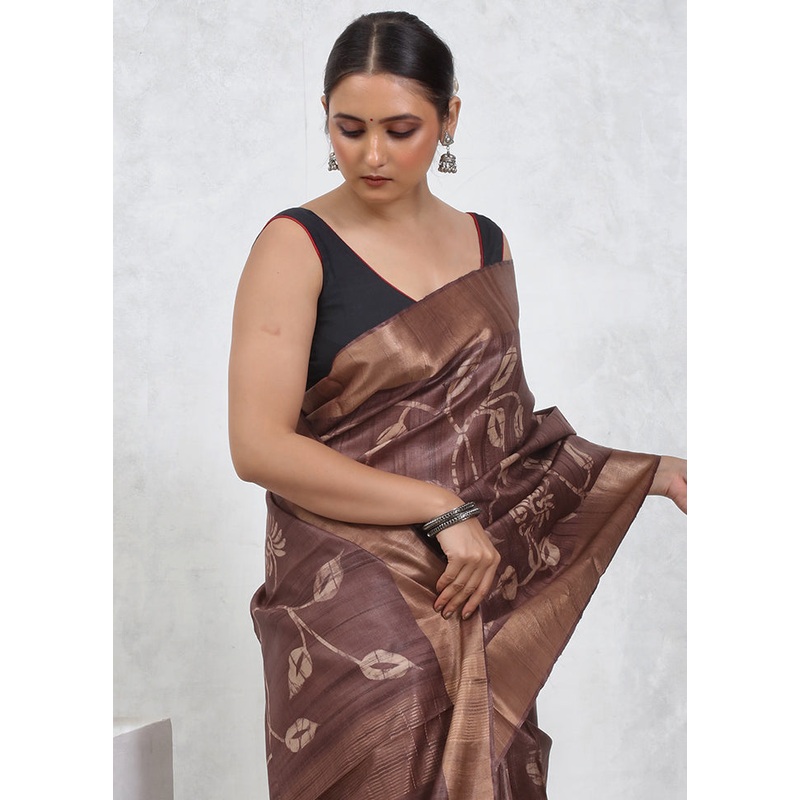 Brown Tussar Pure Silk Saree With Blouse Piece - JD986579567