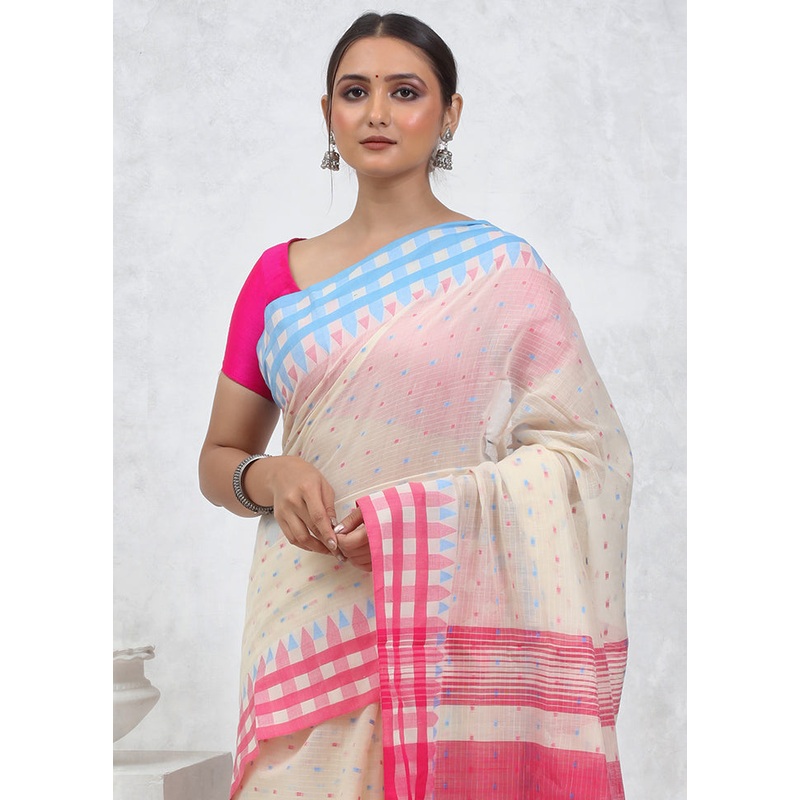 Cream Cotton Saree With Blouse Piece - JD986579565