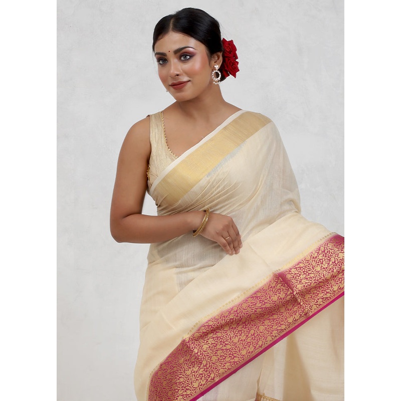 Cream Dupion Silk Saree With Blouse Piece - JD986579690