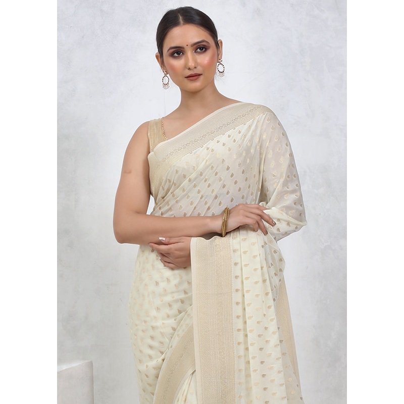 Cream Georgette Saree With Blouse Piece - JD986579566