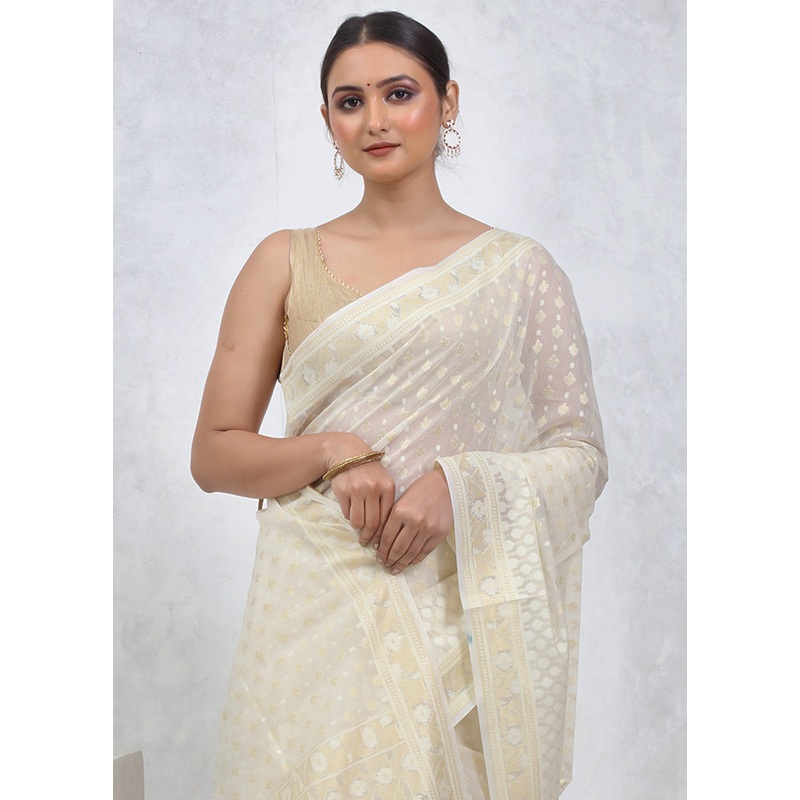 Cream Kora Silk Saree With Blouse Piece - JD986579562