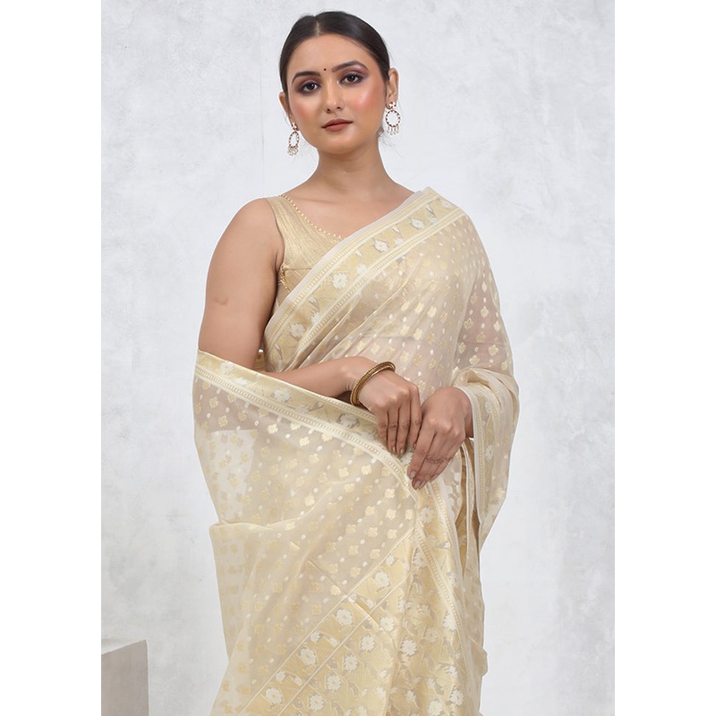 Cream Kora Silk Saree With Blouse Piece - JD986579563