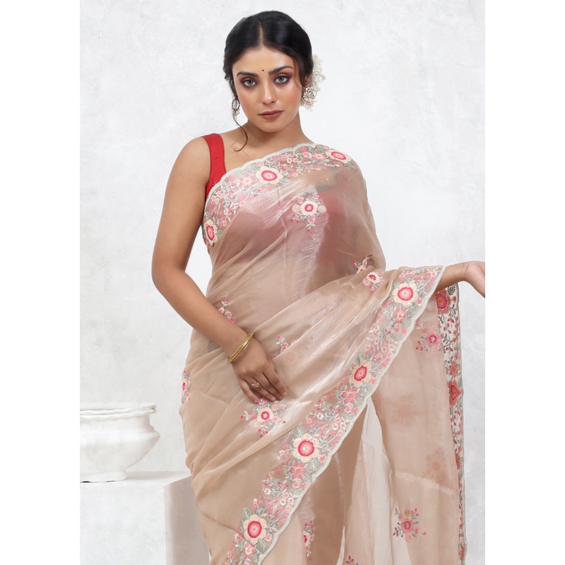 Cream Organza Saree With Blouse Piece - JD986579560