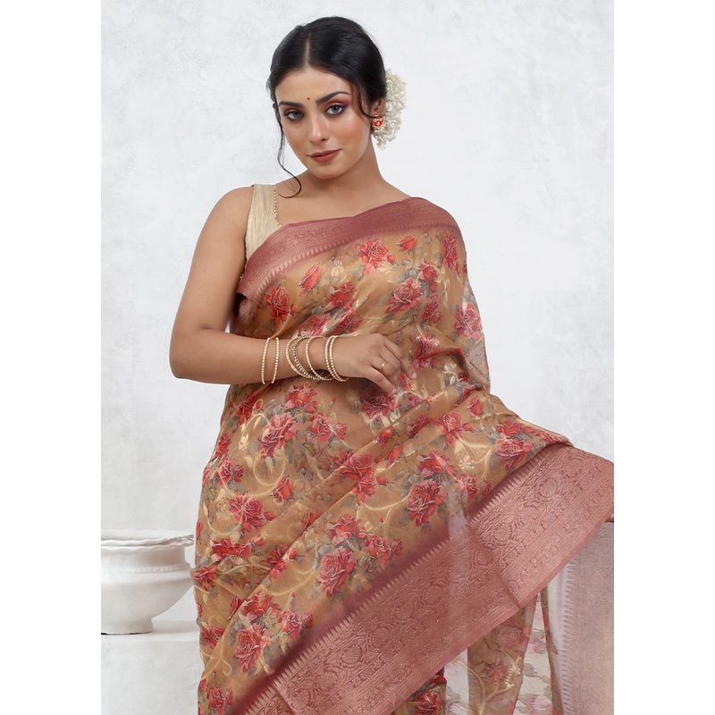 Cream Organza Saree With Blouse Piece - JD986579561