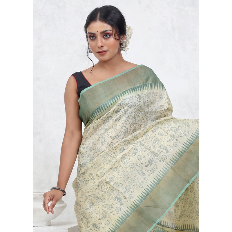 Cream Printed Pure Silk Saree Without Blouse Piece - JD986579559